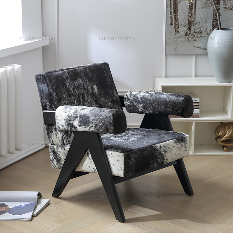 Solid wood Cowhide sofa chair Living room leisure Pierre Jeanneret Dagar Chair 408 