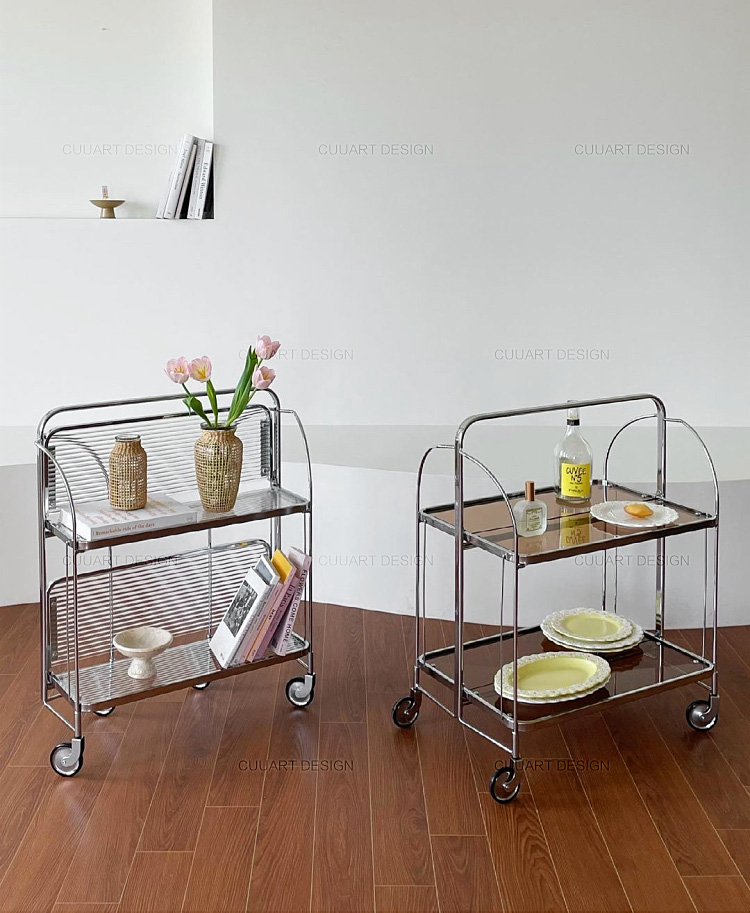 Modern design metal glass foldable mobile dining cart side table trolley storage cart 272